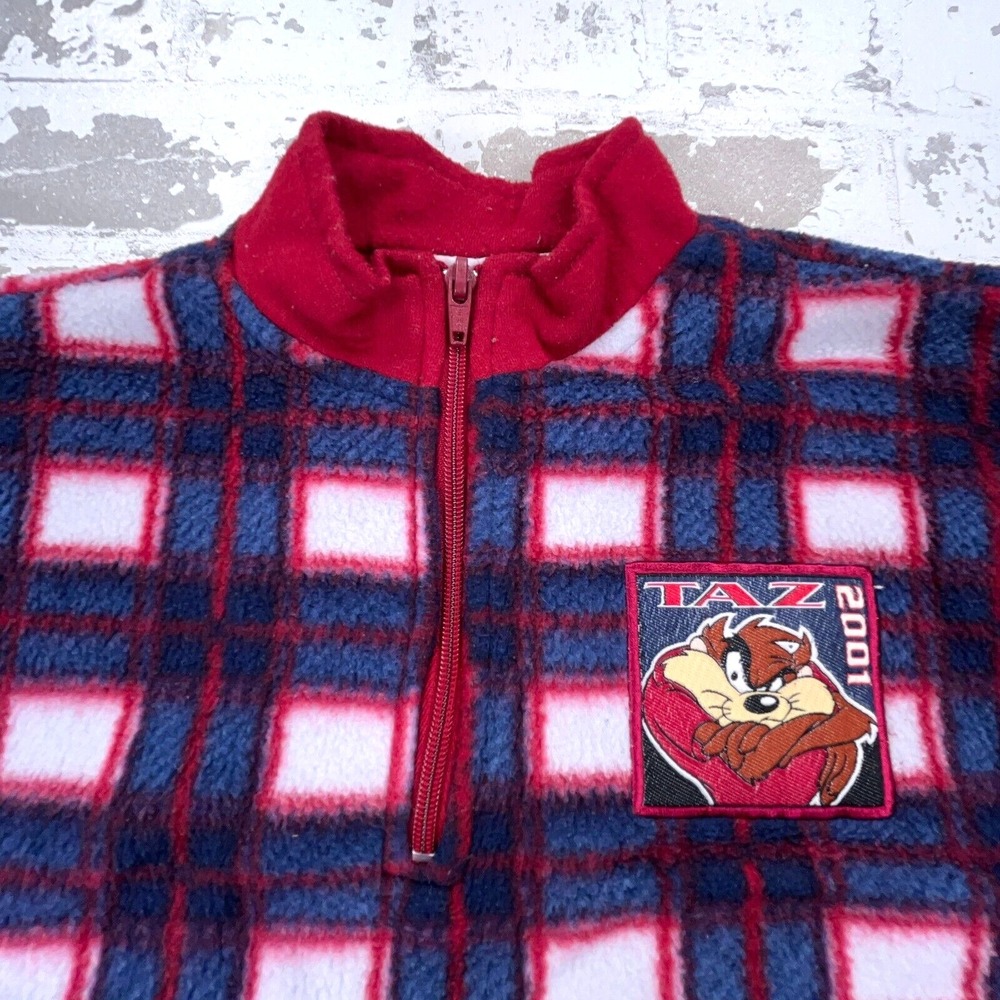 Vintage Looney Tunes Sweater Boys 7 Blue Red Plaid Fleece Jacket Youth Taz Y2K - Picture 3 of 7